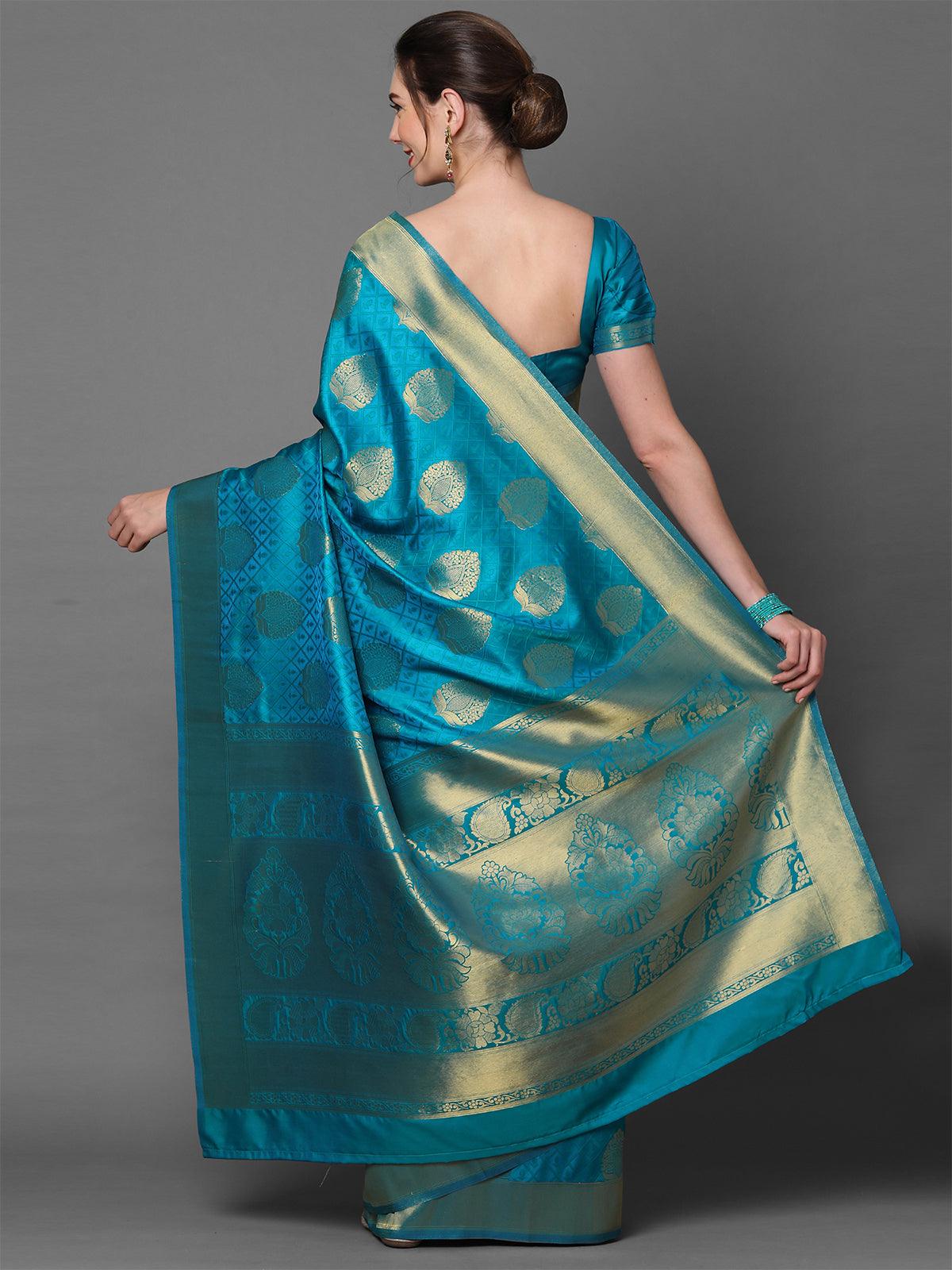 Women's Teal Blue Party Wear Kanjivaram Silk Woven Design Saree With Unstitched Blouse - Odette