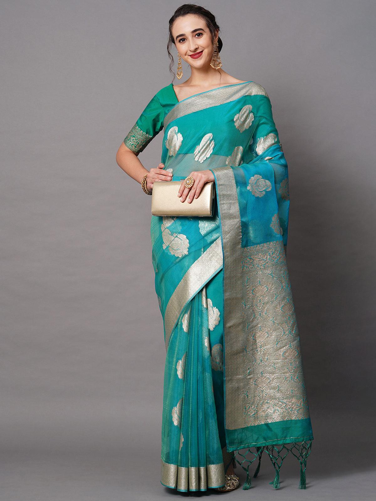 Women's Teal Blue Party Wear Organza Woven Design Saree With Unstitched Blouse - Odette