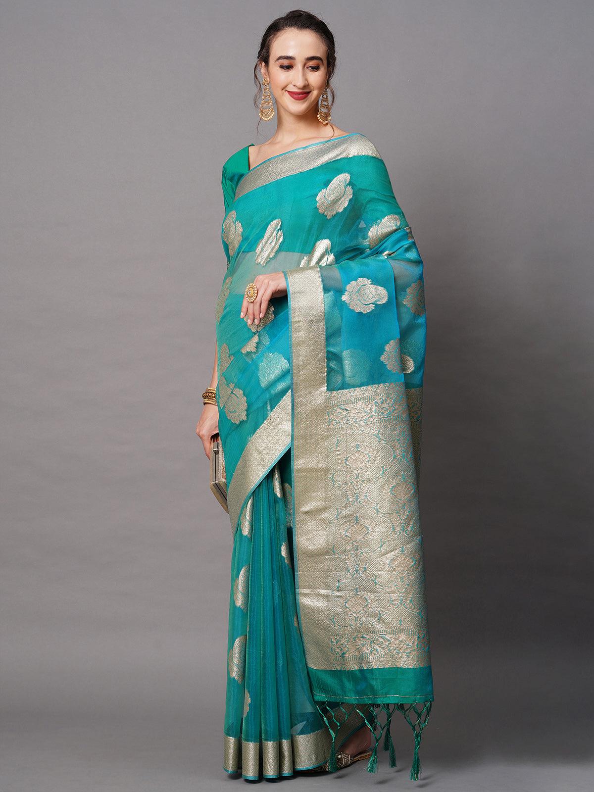 Women's Teal Blue Party Wear Organza Woven Design Saree With Unstitched Blouse - Odette