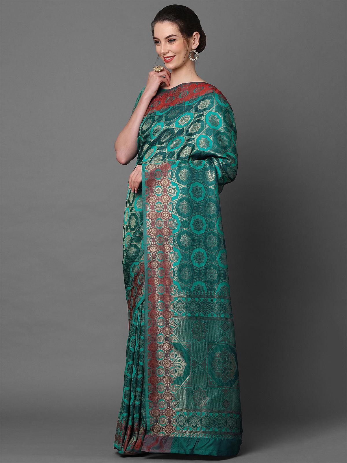 Women's Teal Blue Party Wear Pure Satin Woven Design Saree With Unstitched Blouse - Odette