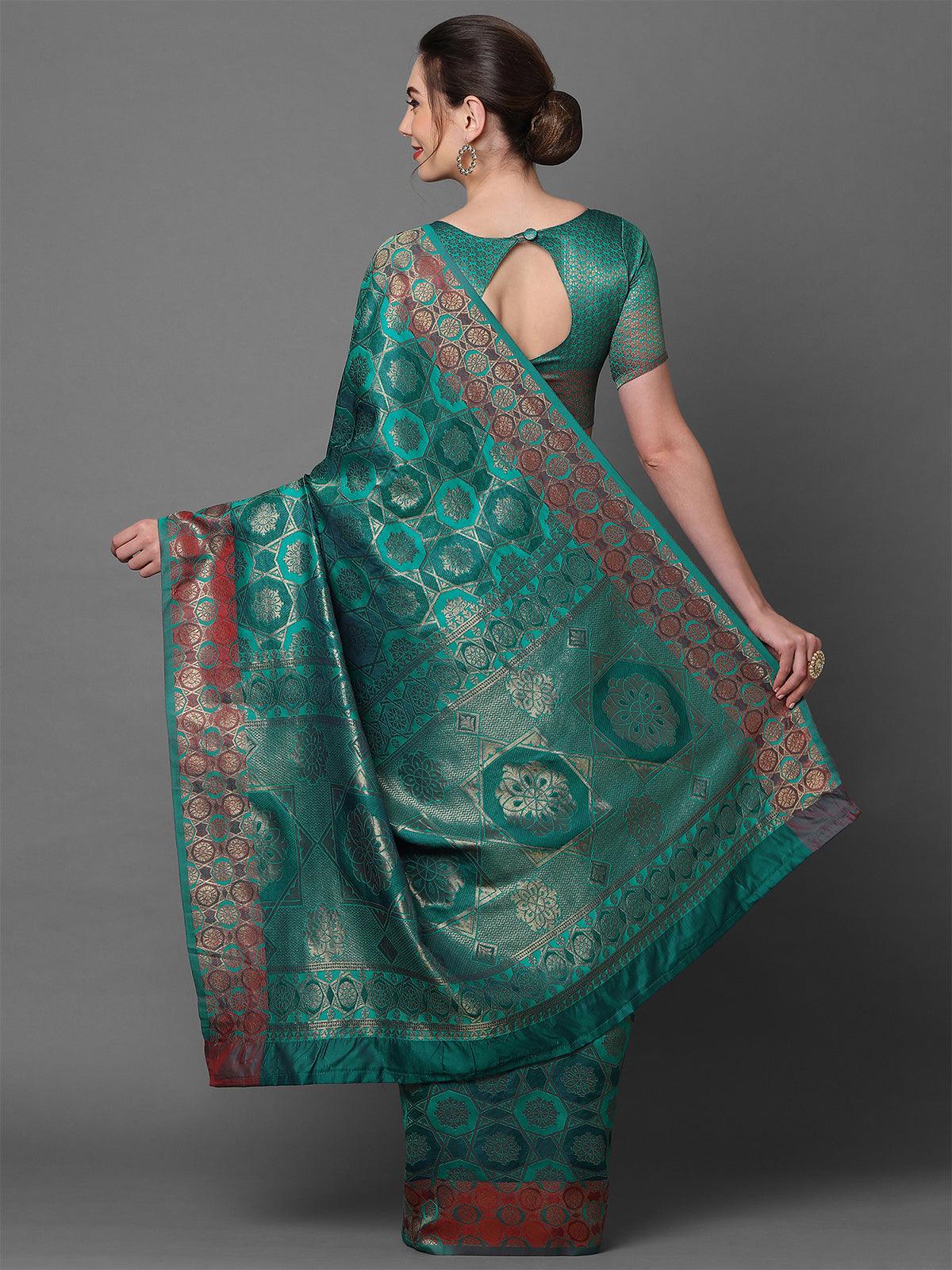 Women's Teal Blue Party Wear Pure Satin Woven Design Saree With Unstitched Blouse - Odette