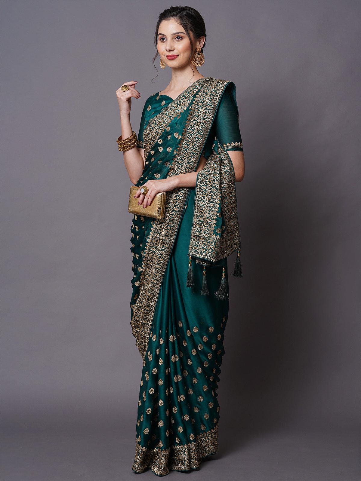 Women's Teal Blue Party Wear Satin Chiffon Embelished Saree With Unstitched Blouse - Odette