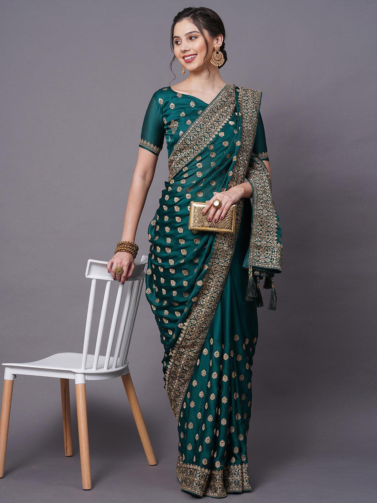 Women's Teal Blue Party Wear Satin Chiffon Embelished Saree With Unstitched Blouse - Odette