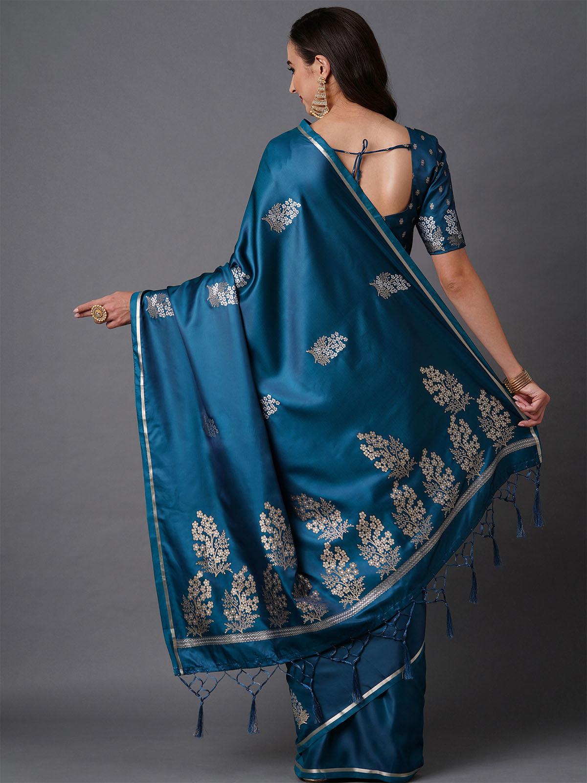 Women's Teal Blue Party Wear Silk Blend Woven Design Saree With Unstitched Blouse - Odette