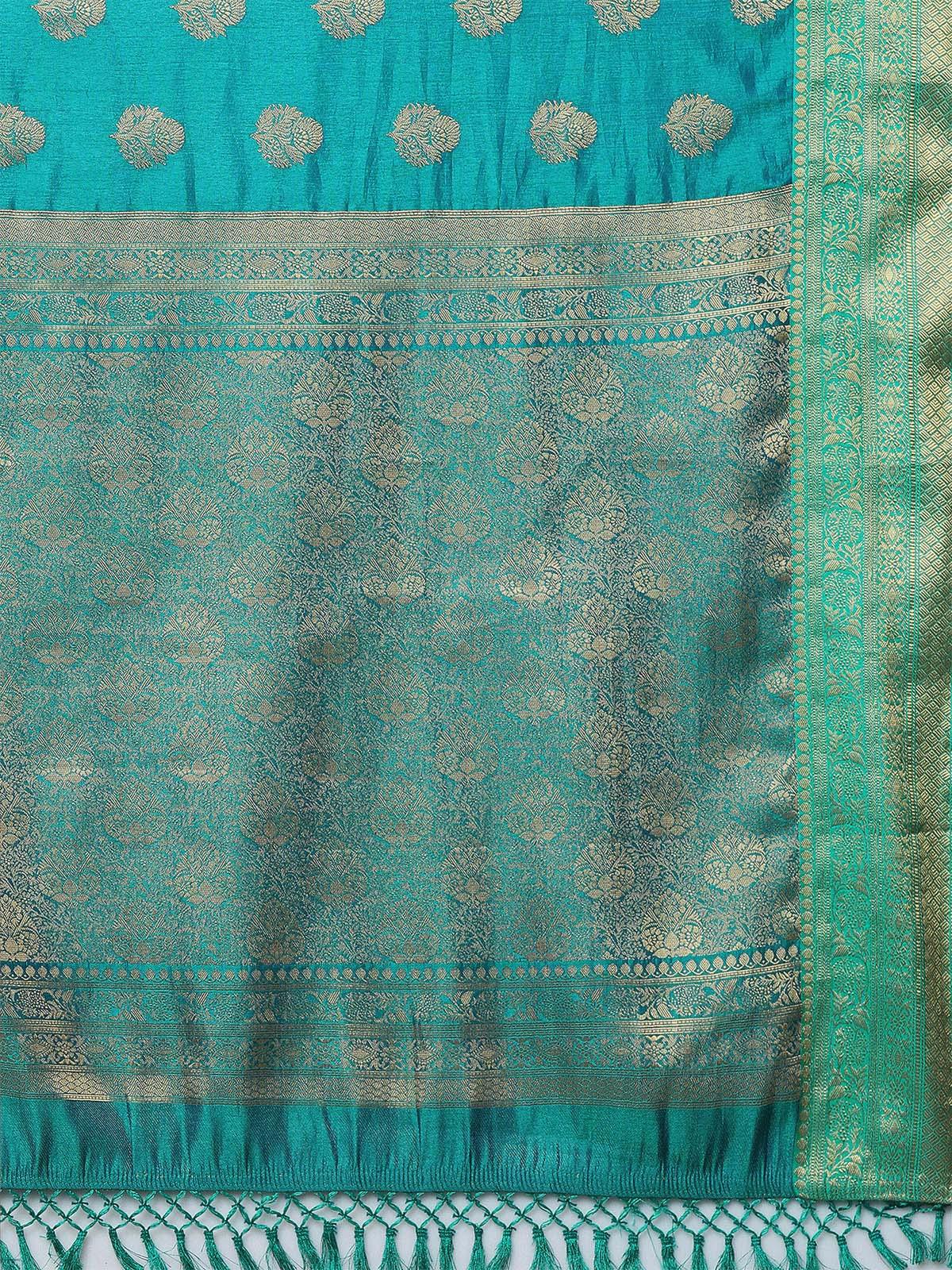 Women's Teal Blue Party Wear Silk Blend Woven Design Saree With Unstitched Blouse - Odette