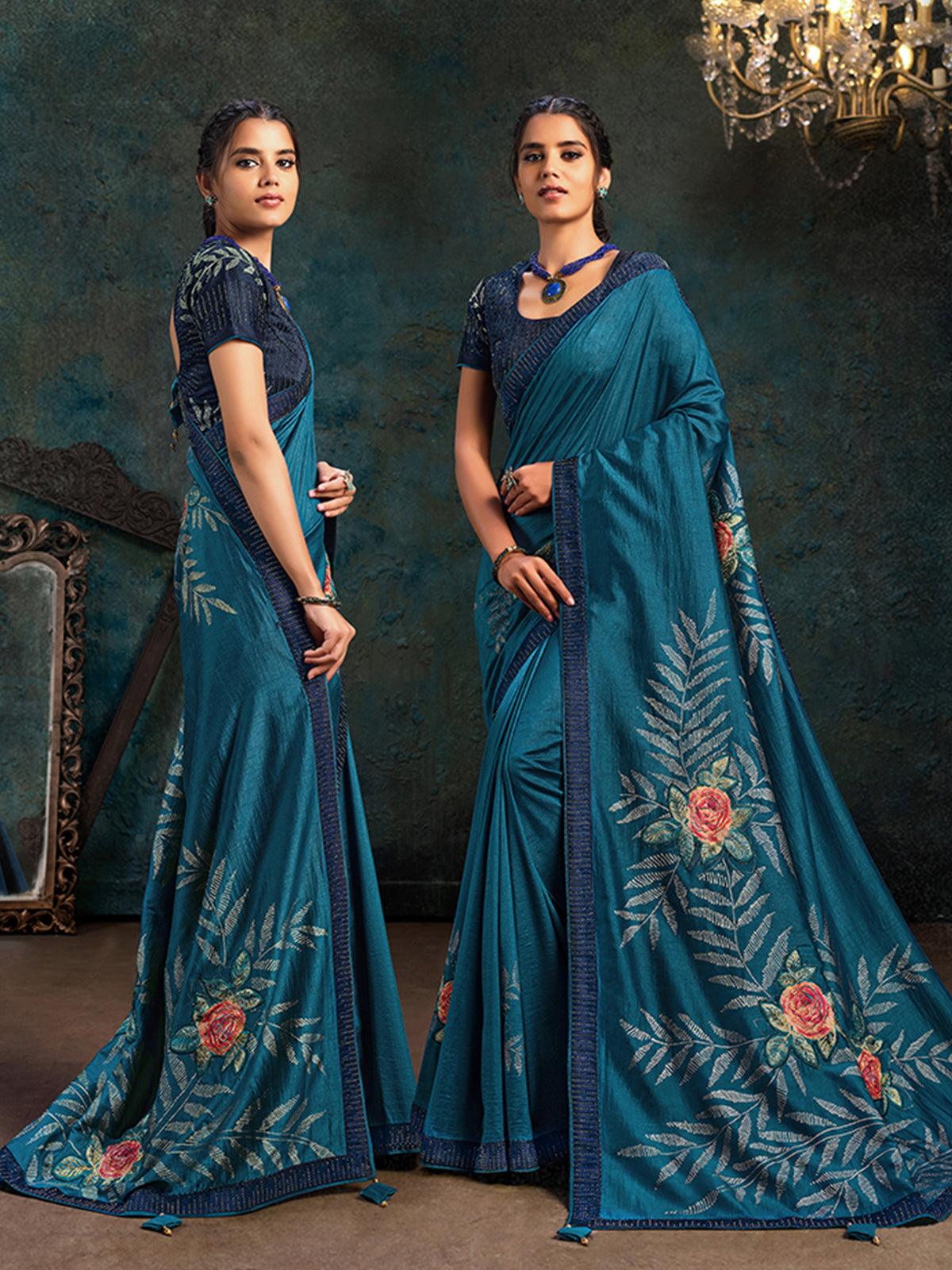 Women's Teal Blue Silk Designer Saree With Blouse - Odette