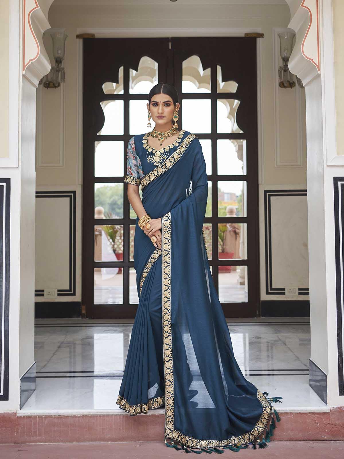 Women's Teal Blue Two Tone Vichitra Silk Embroidered Saree With Blouse - Odette