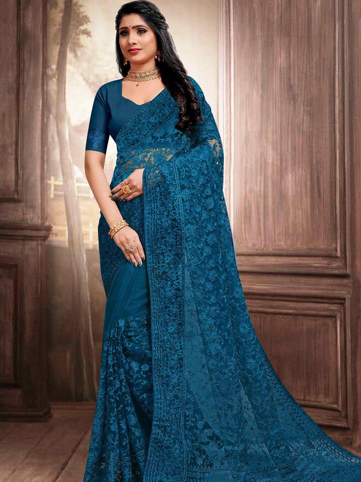 Women's Teal Blue Heavy Embroidered Net  Saree - Odette