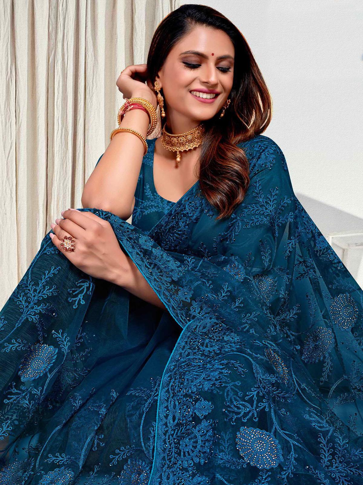 Women's Teal Blue Heavy Embroidered Net  Saree - Odette