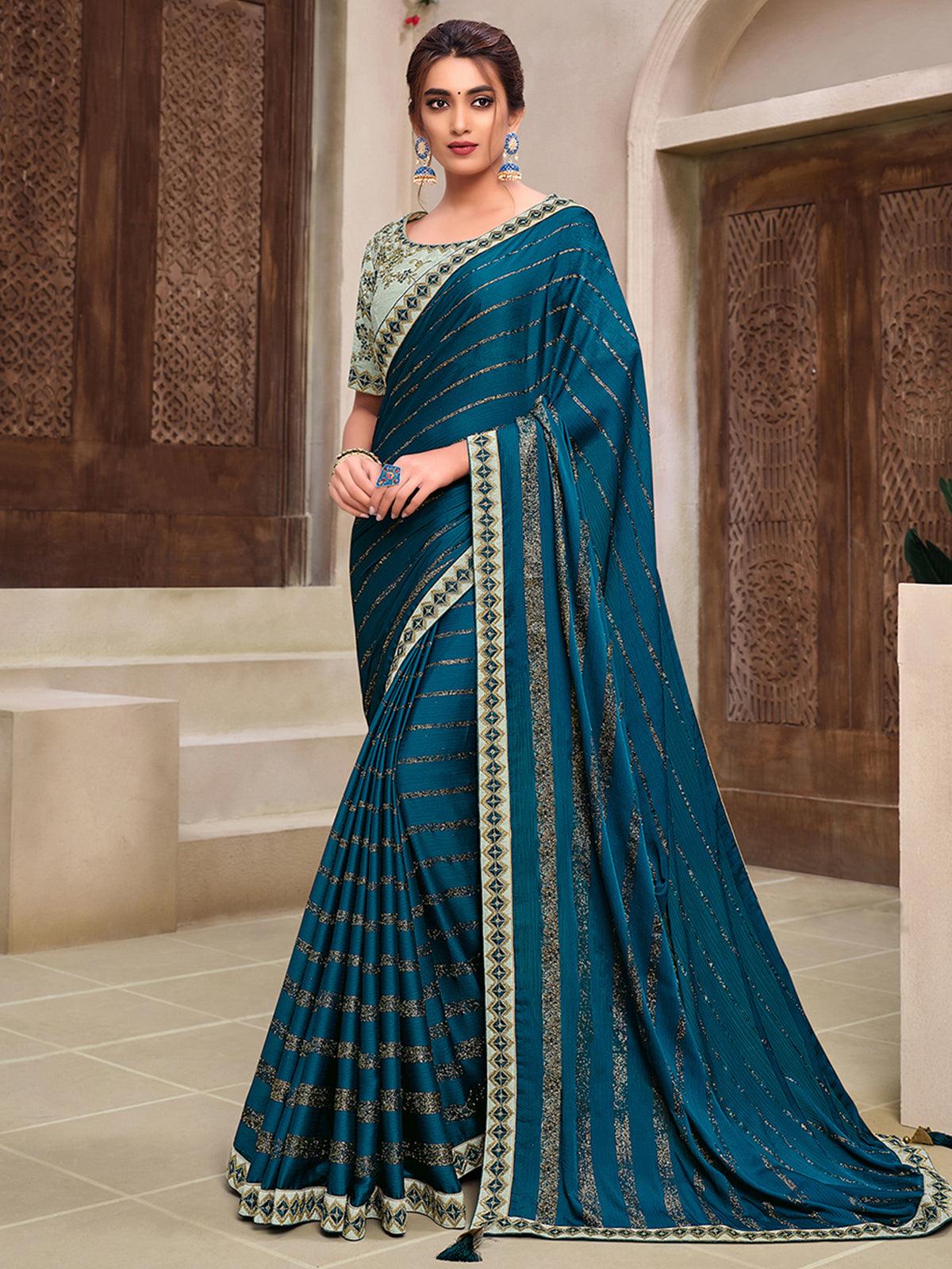 Women's Teal Chiffon Designer Saree With Blous