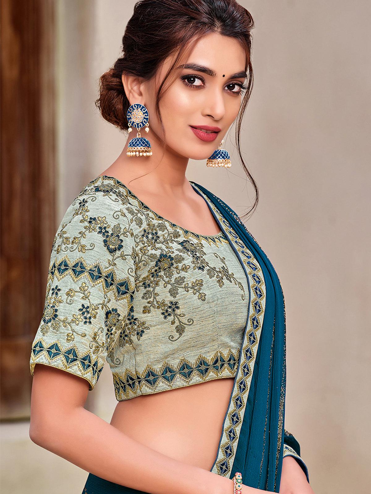 Women's Teal Chiffon Designer Saree With Blouse - Odette
