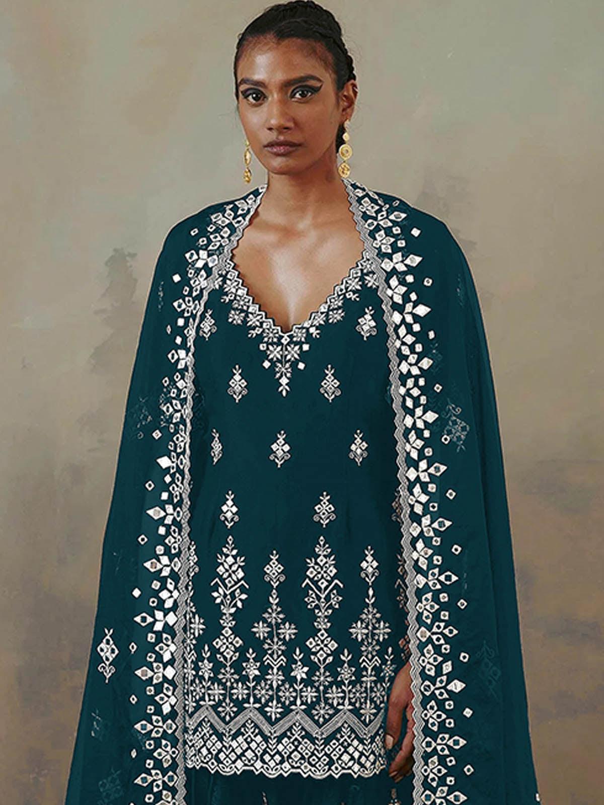 Women's Teal Embroidered Kurta- Sharara Set  - Odette