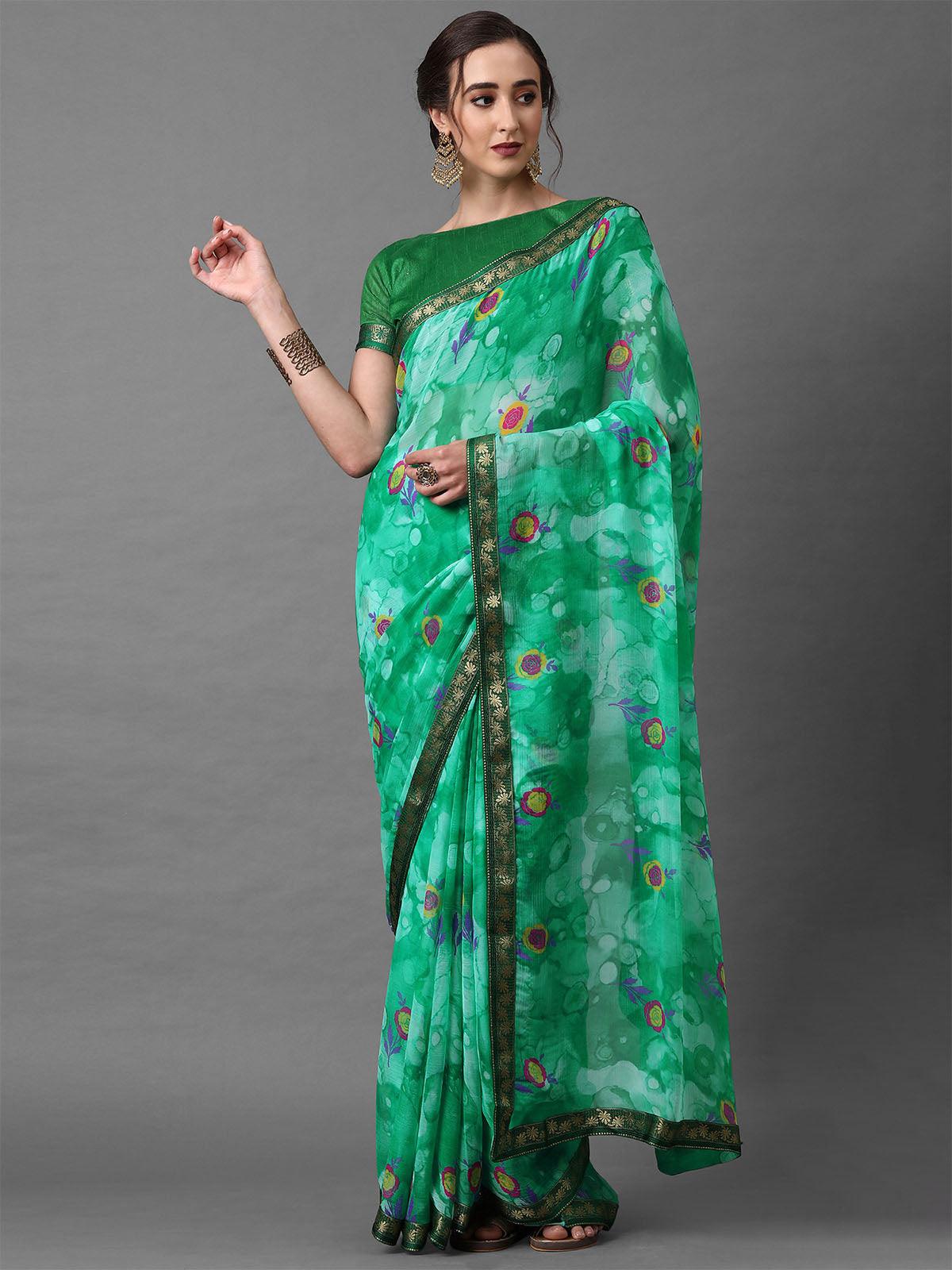 Women's Teal Green Casual Chiffon Printed Saree With Unstitched Blouse - Odette