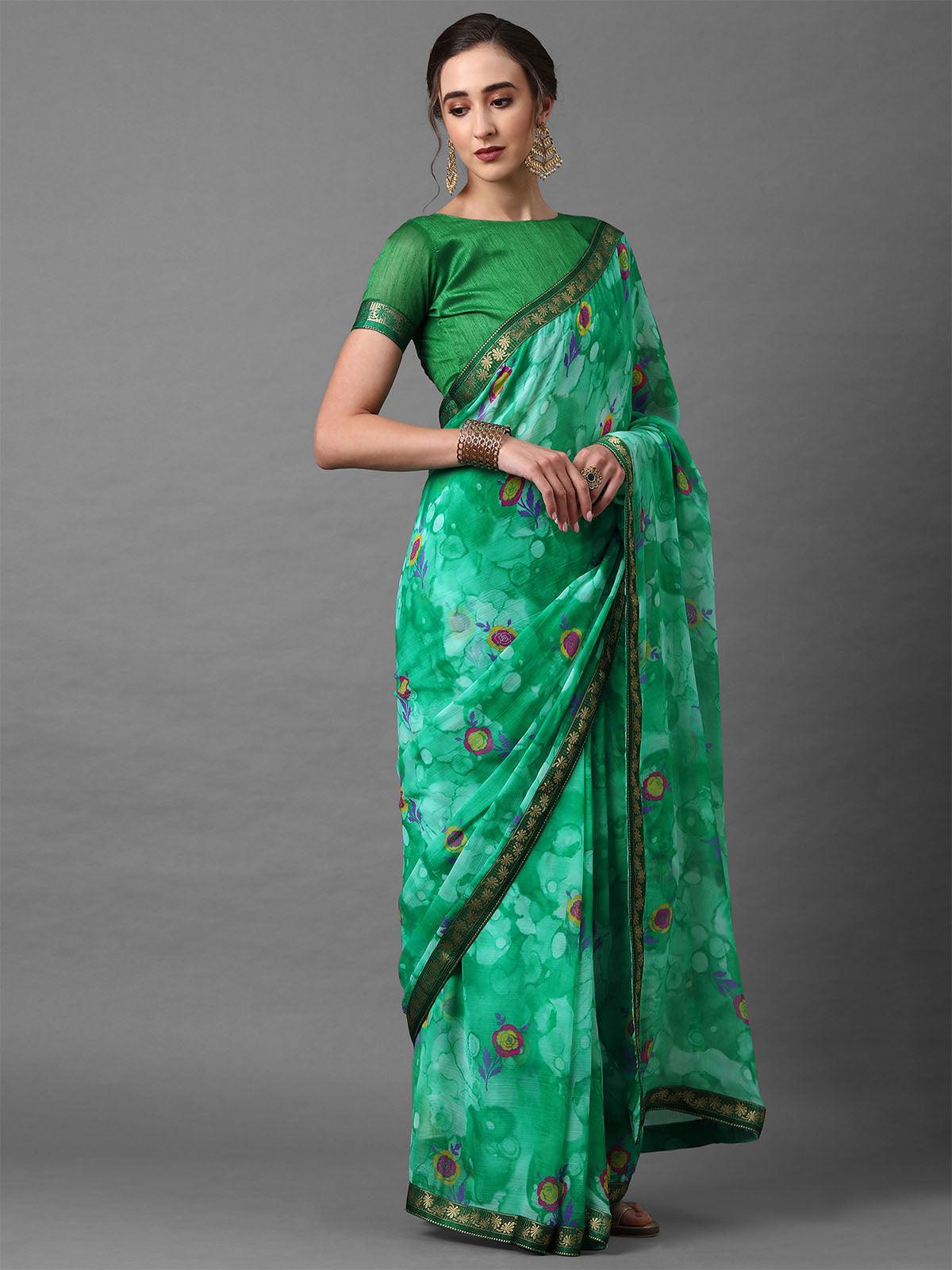 Women's Teal Green Casual Chiffon Printed Saree With Unstitched Blouse - Odette
