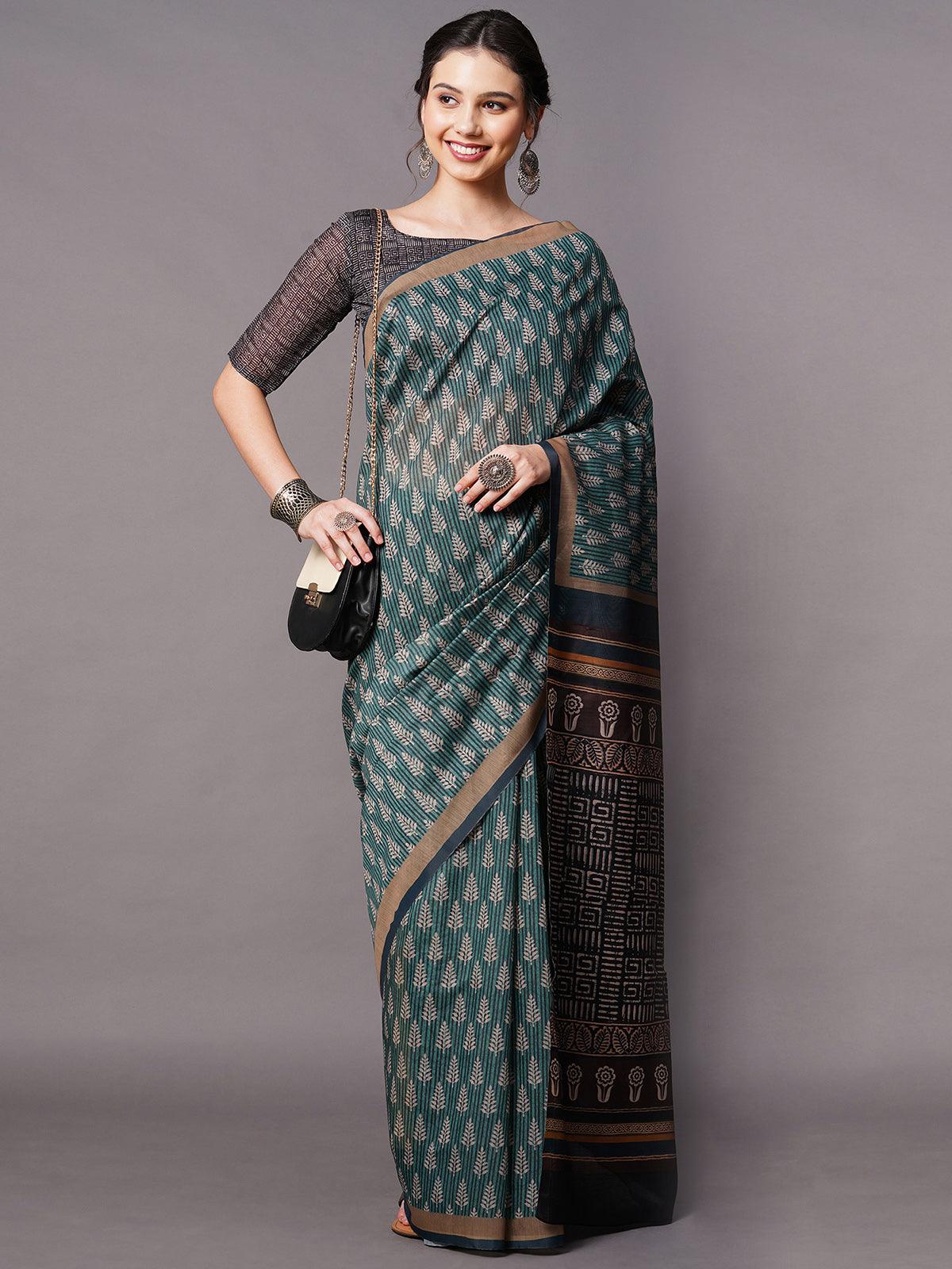 Women's Teal Green Festive Bhagalpuri Silk Printed Saree With Unstitched Blouse - Odette