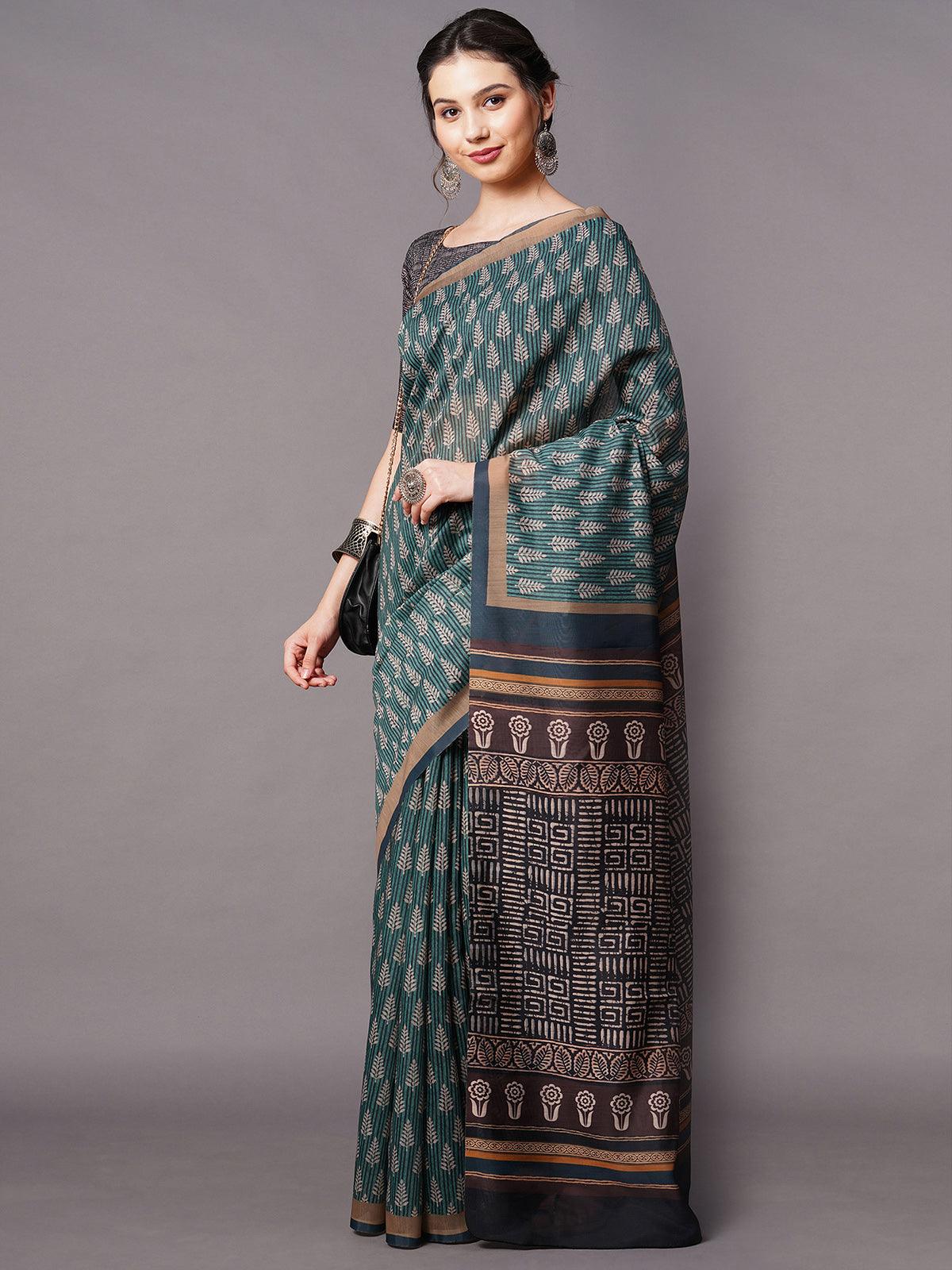 Women's Teal Green Festive Bhagalpuri Silk Printed Saree With Unstitched Blouse - Odette