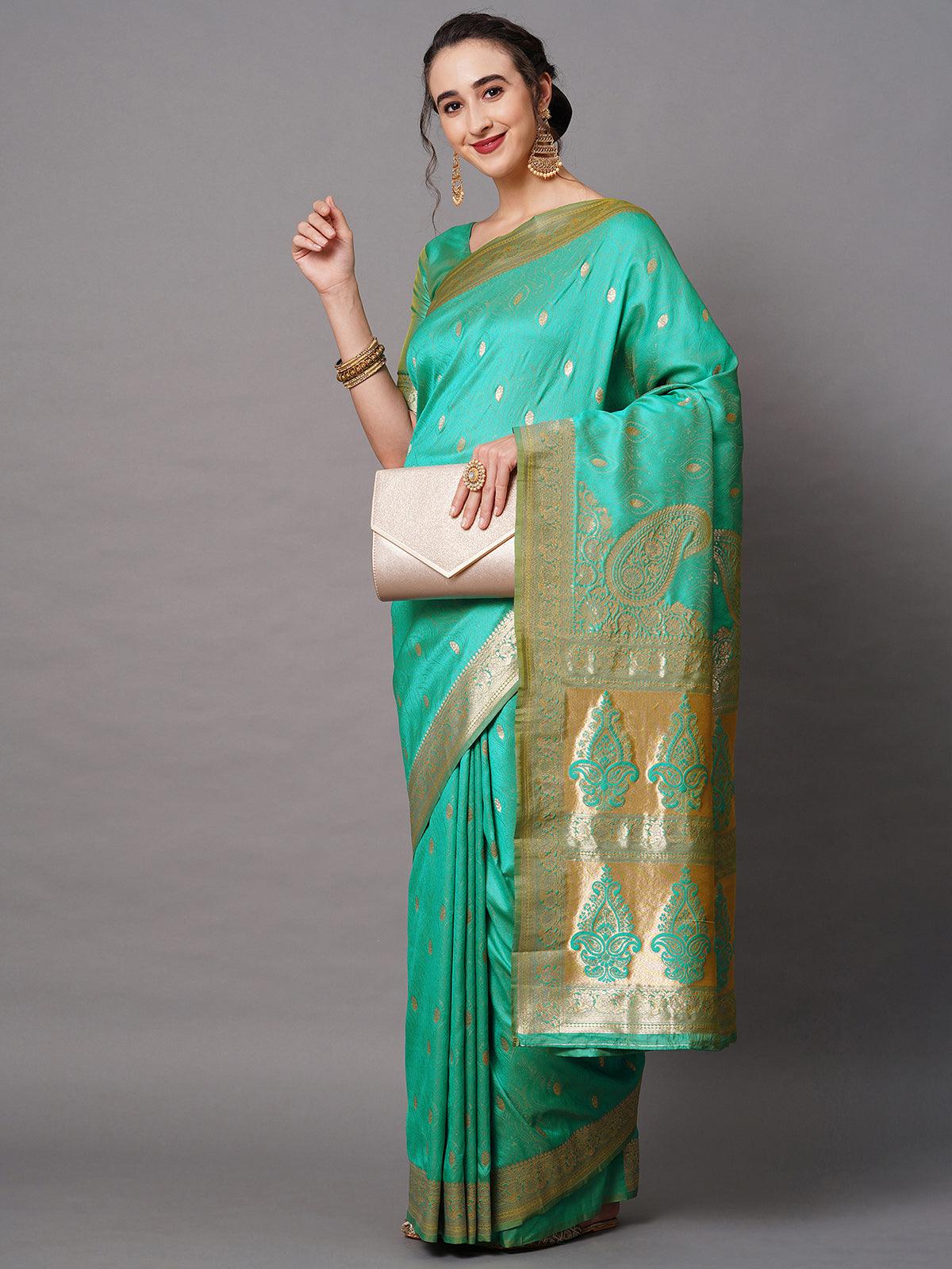 Women's Teal Green Festive Silk Blend Woven Design Saree With Unstitched Blouse - Odette