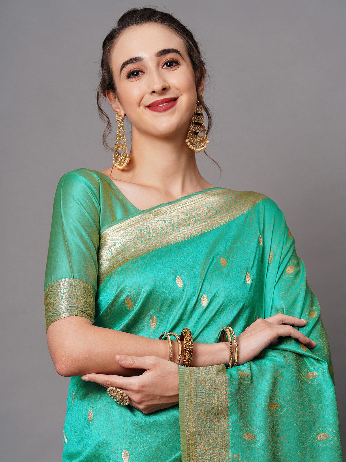 Women's Teal Green Festive Silk Blend Woven Design Saree With Unstitched Blouse - Odette