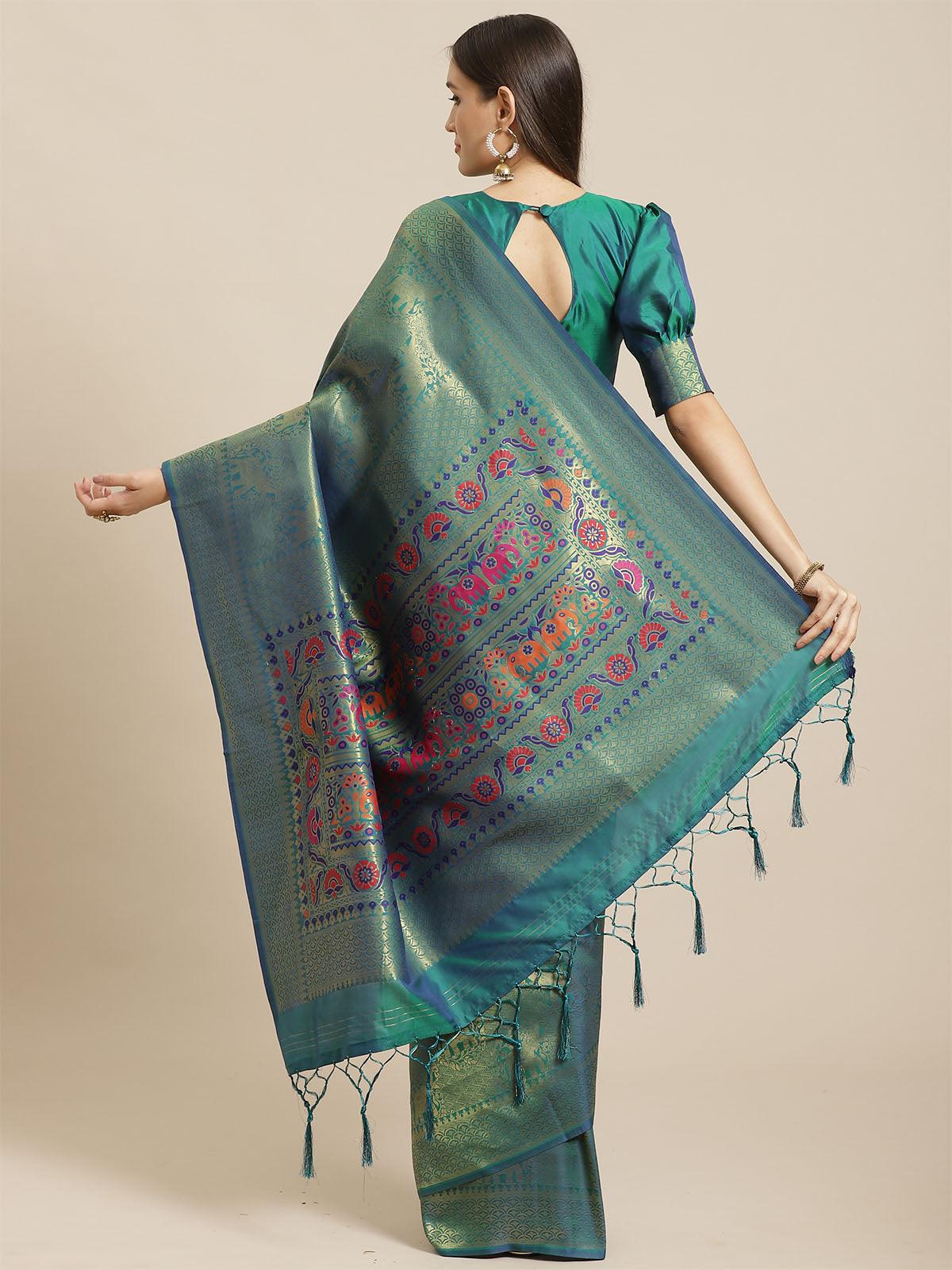 Women's Teal Green Festive Silk Blend Woven Saree With Unstitched Blouse - Odette