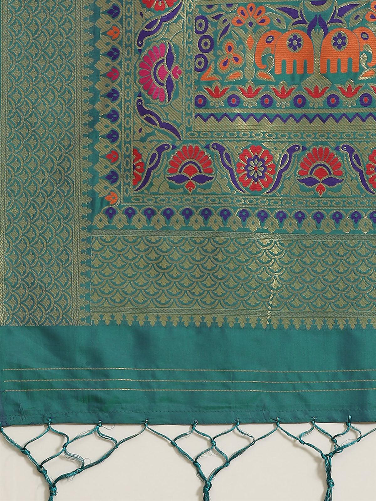 Women's Teal Green Festive Silk Blend Woven Saree With Unstitched Blouse - Odette
