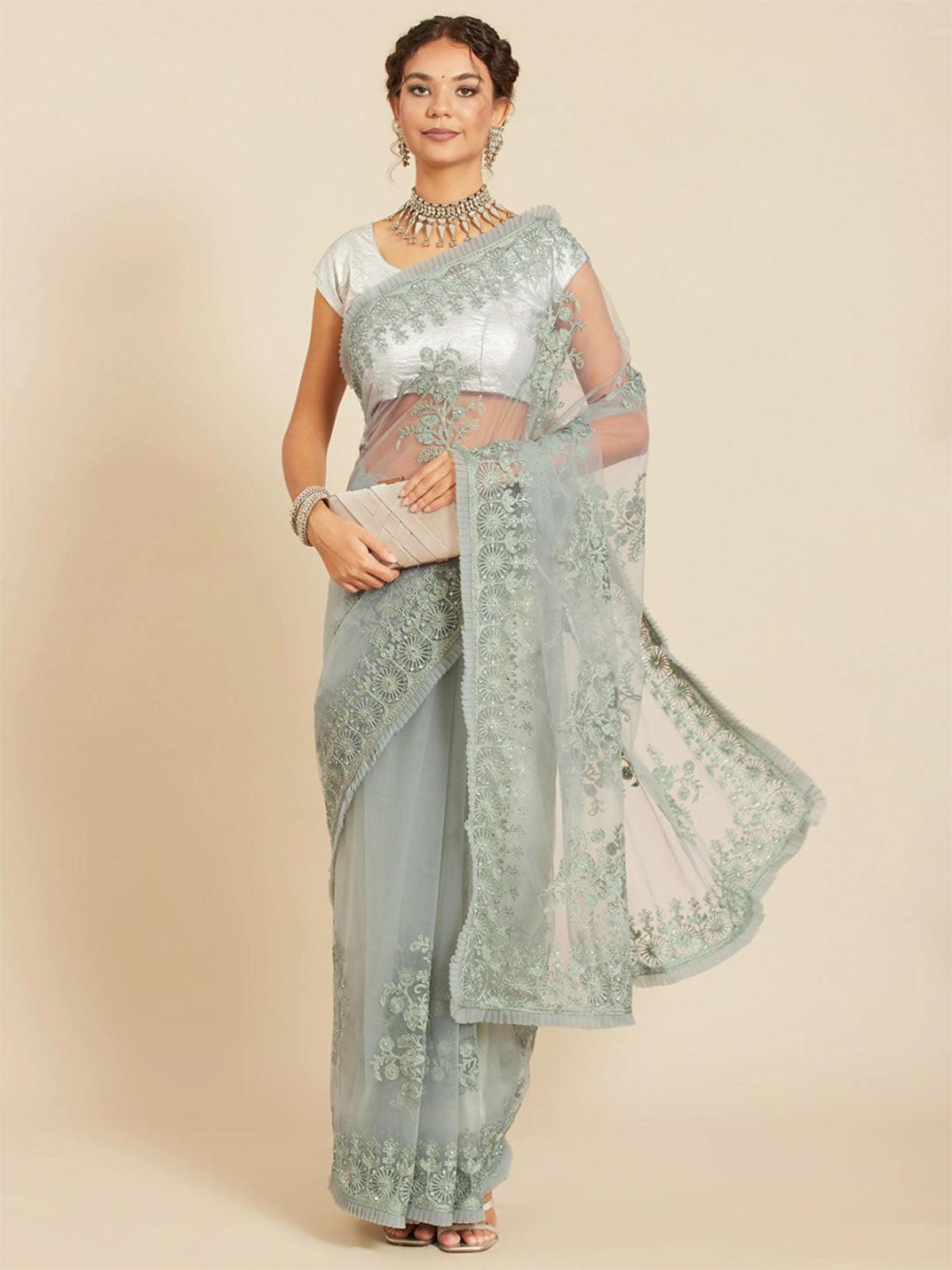 Women's Teal Green Net Embroidered Saree With Blouse Piece - Odette