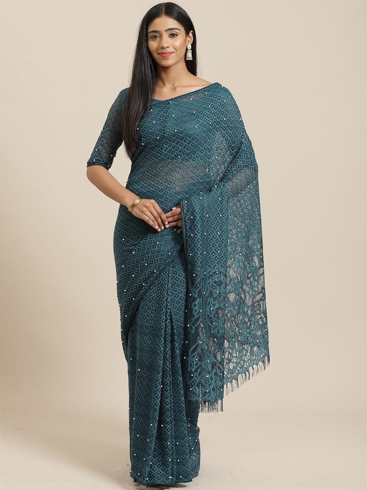Women's Teal Green Party Wear Net(Super Net) Solid Saree With Unstitched Blouse - Odette