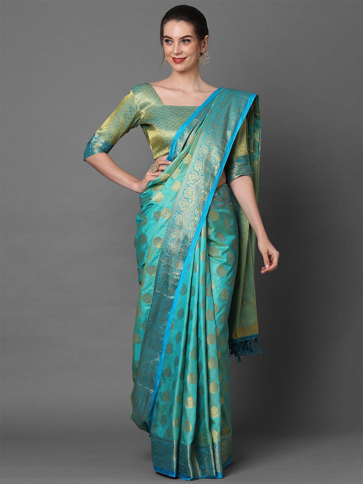 Women's Teal Green Party Wear Silk Blend Woven Design Saree With Unstitched Blouse - Odette