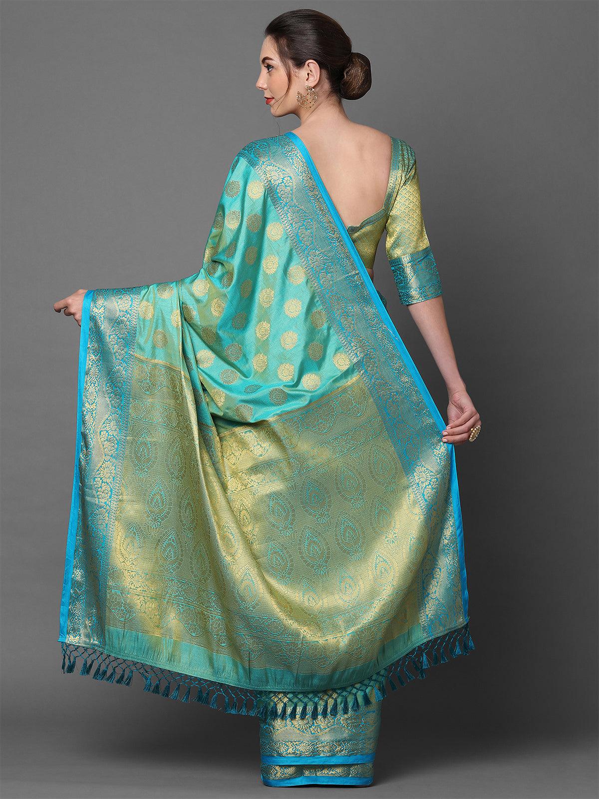 Women's Teal Green Party Wear Silk Blend Woven Design Saree With Unstitched Blouse - Odette