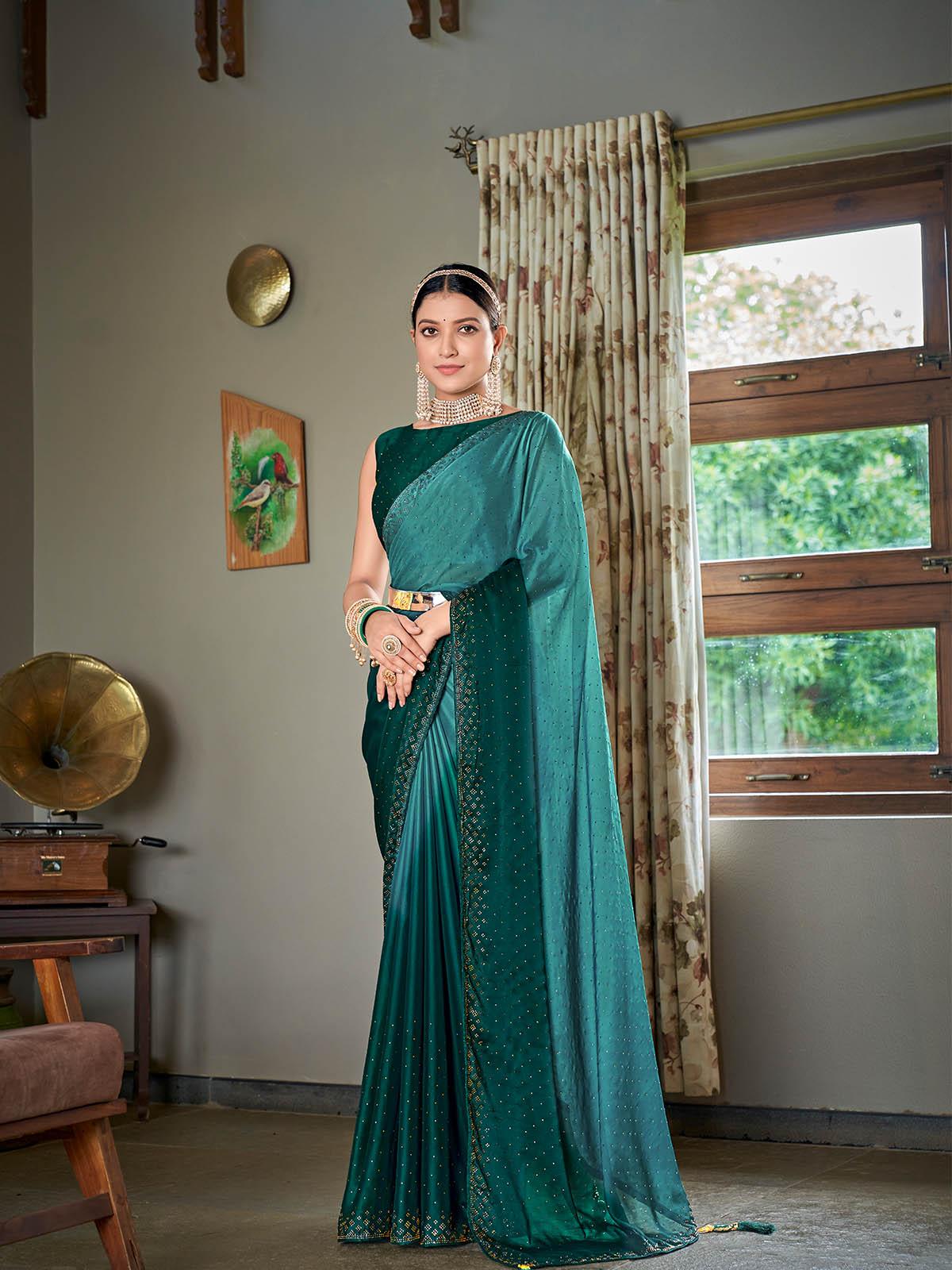 Women's Teal Green Rangoli Silk Sequin Saree - Odette