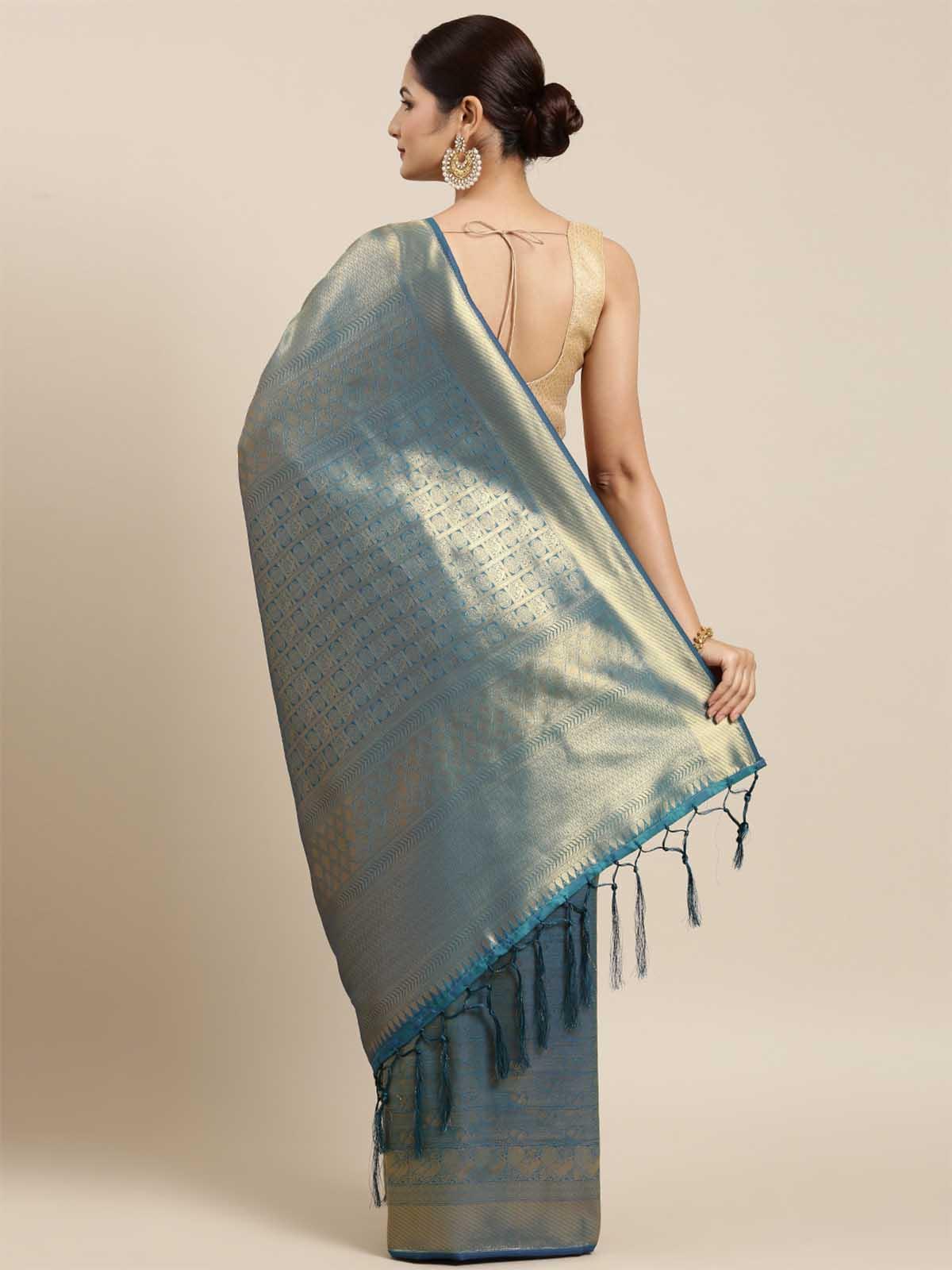 Women's Teal Kanjivaram Silk Banarasi Weaving Silk Saree - Odette