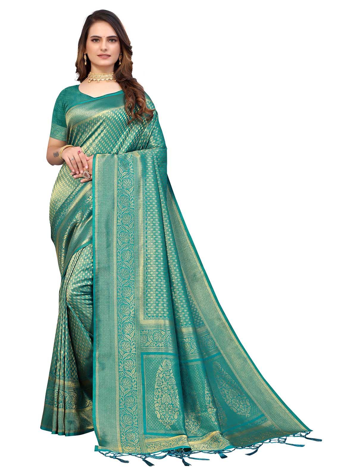 Women's Teal Silk Blend Woven Saree With Blouse - Odette