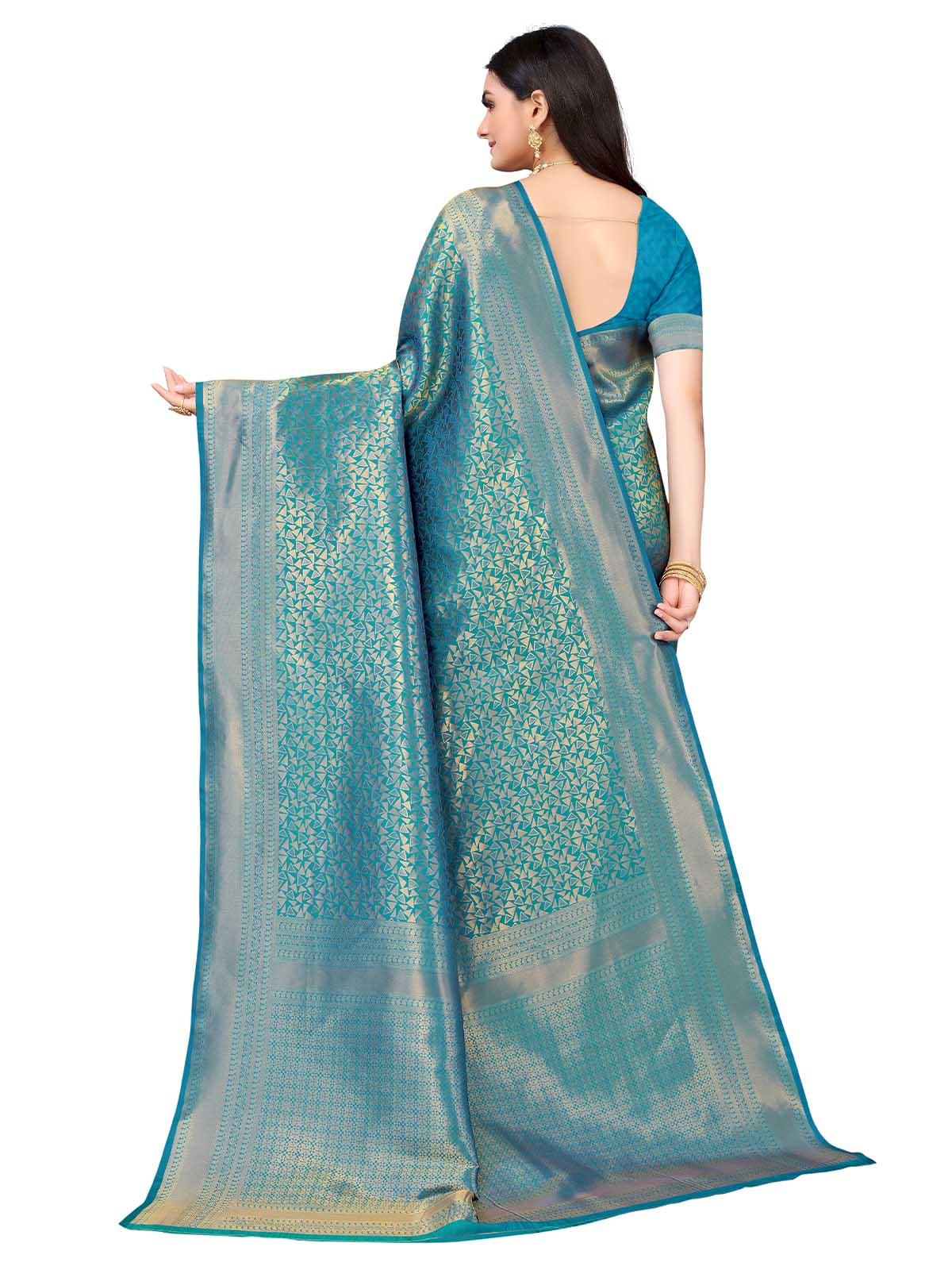 Women's Teal Silk Blend Woven Saree With Blouse - Odette