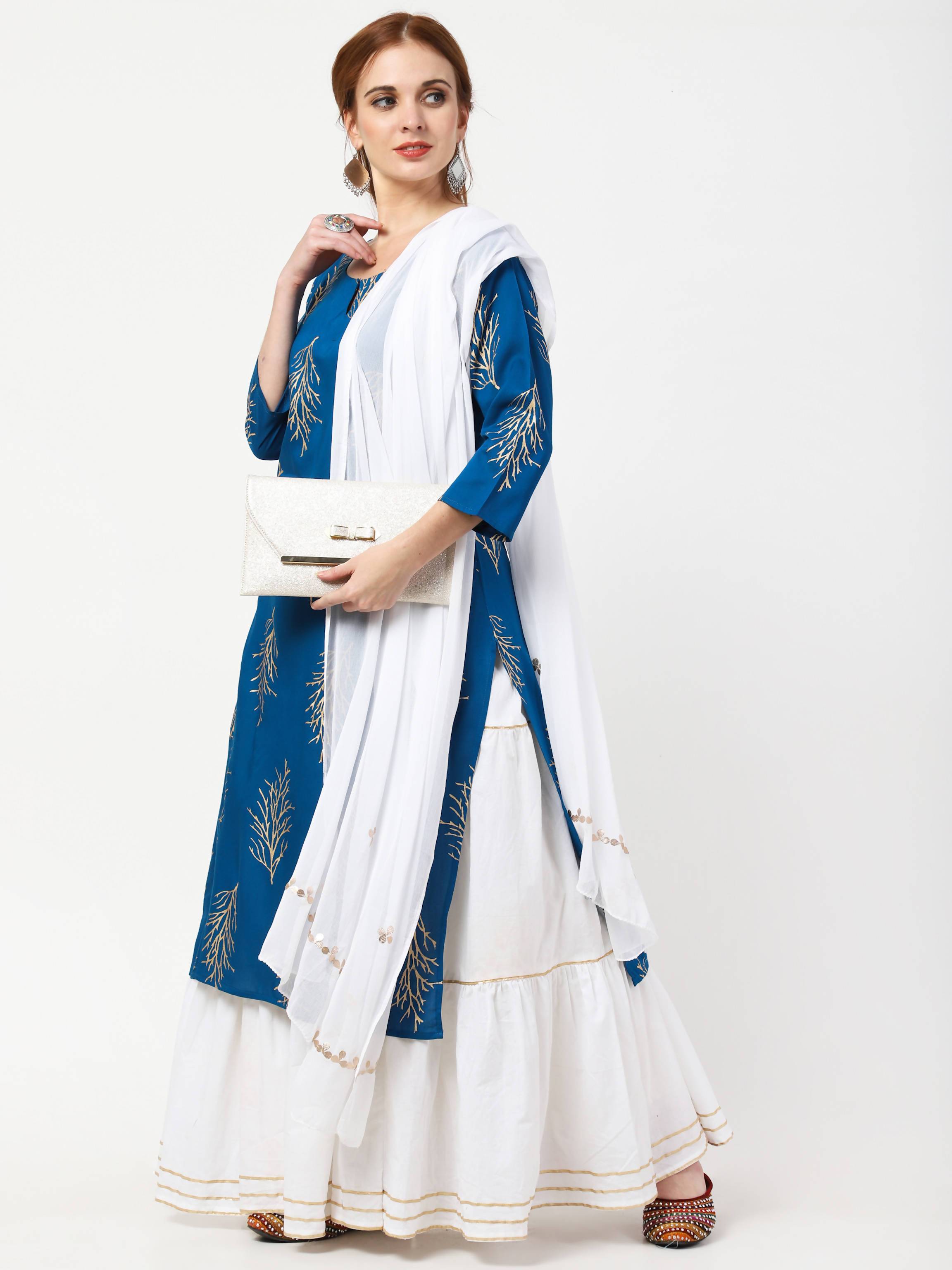 Women's Blue & White Viscose Rayon Kurta With Skirt & Embroidered Dupatta Set - Cheera