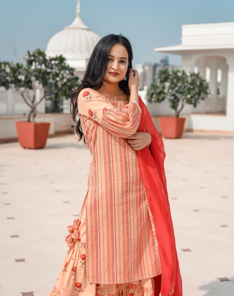 Women's Peach Fuzz Strips With Floral Boota Sarara Set - Indian Virasat