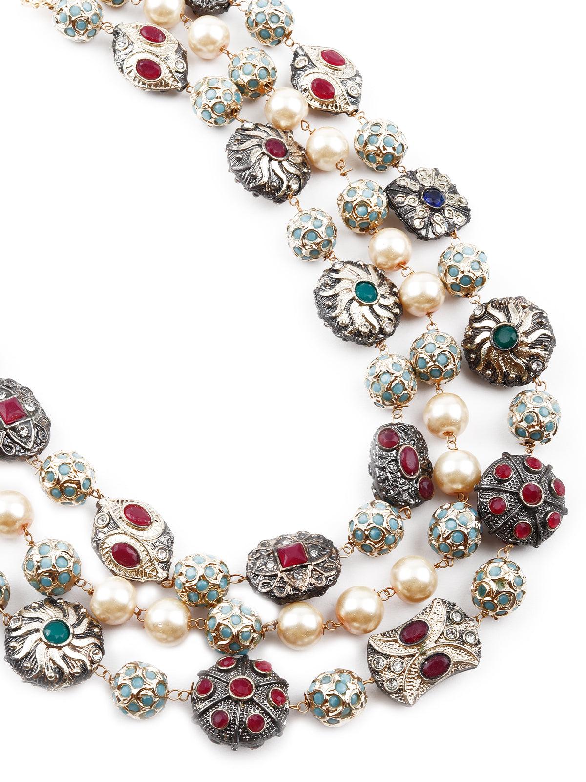 Women's Three-Layered Stunning Embellished Oxidized Necklace Set - Odette