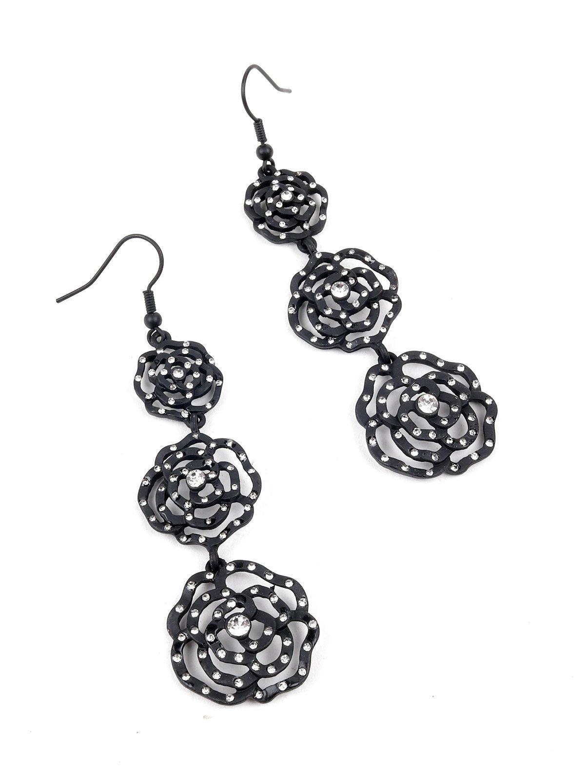 Women's Three Tier Black Floral Earrings - Odette