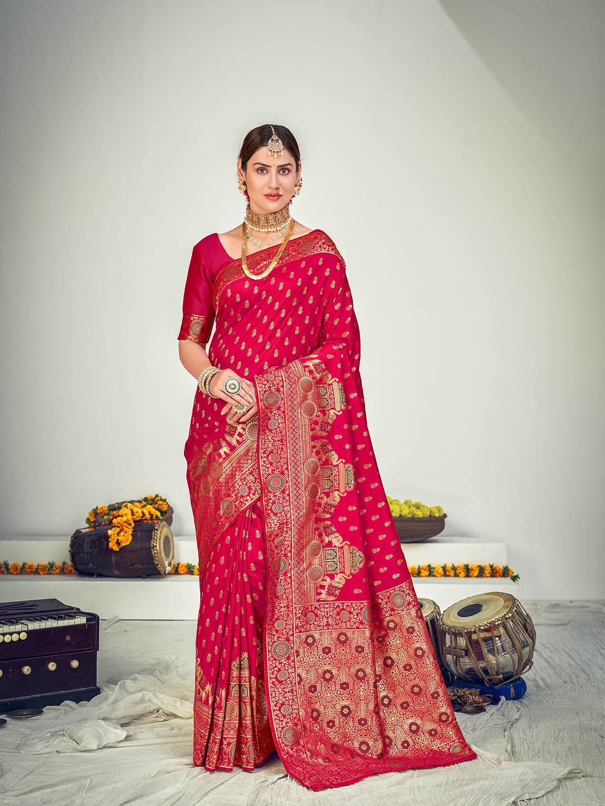 Women's Traditional Dark Pink Banarasi Silk Saree - Odette