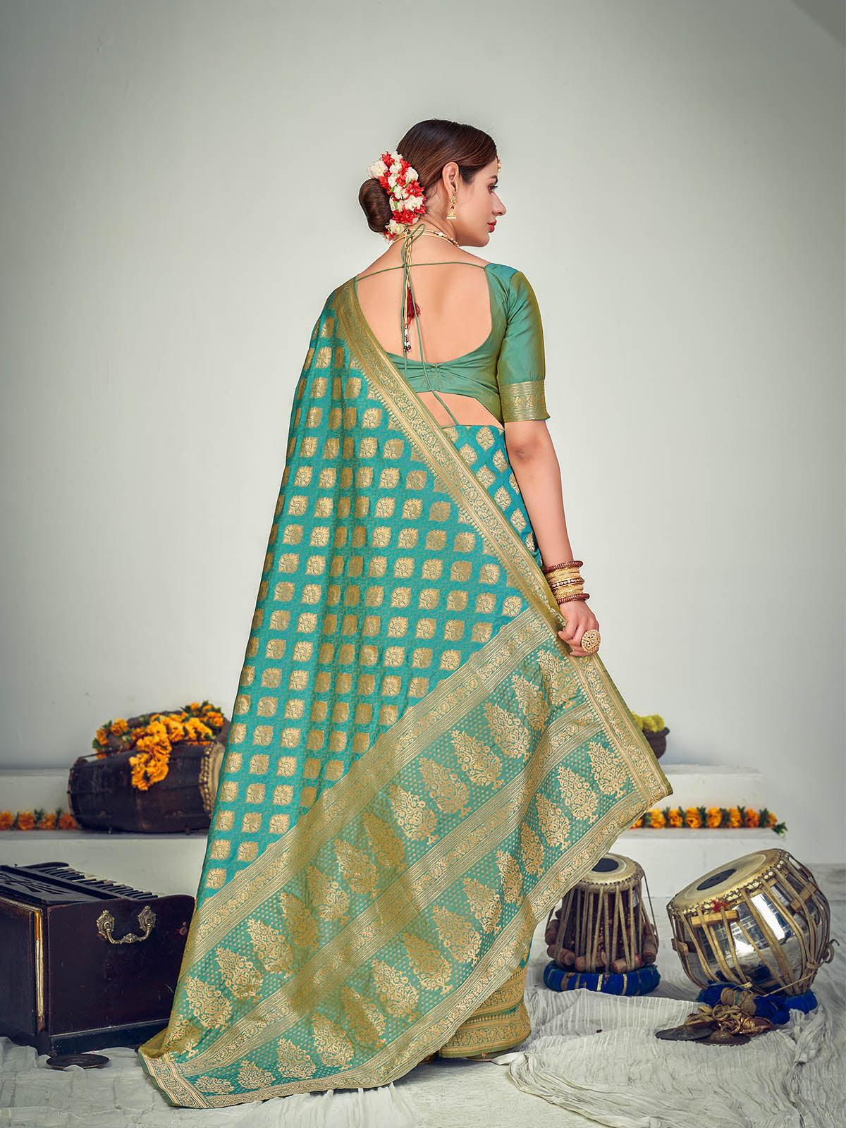 Women's Traditional Firozi Banarasi Silk Saree - Odette