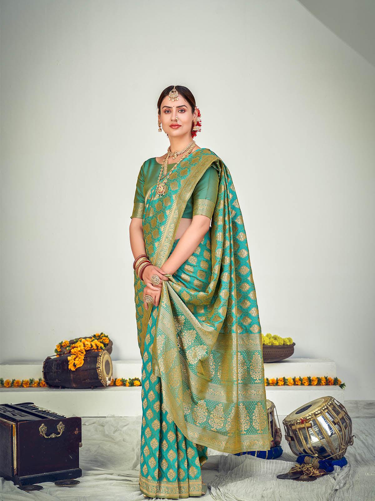 Women's Traditional Firozi Banarasi Silk Saree - Odette
