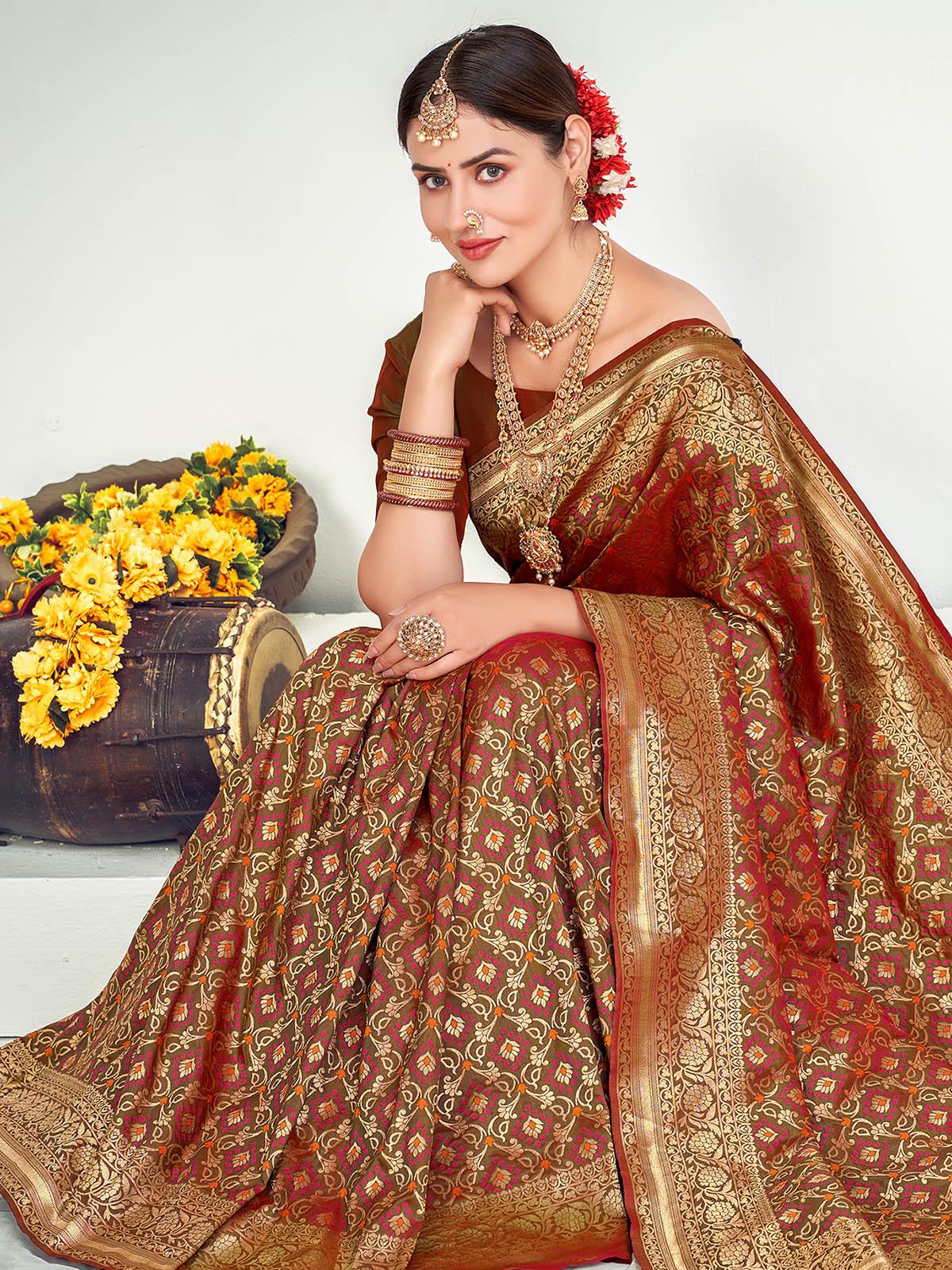 Women's Traditional Green Banarasi Silk Saree - Odette