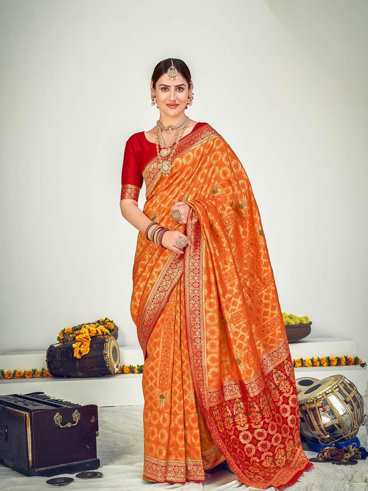 Women's Traditional Orange Banarasi Silk Saree - Odette