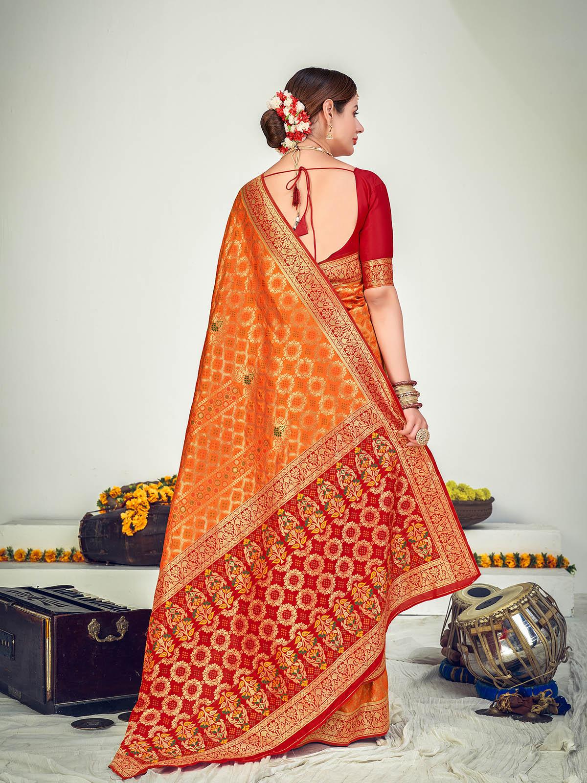 Women's Traditional Orange Banarasi Silk Saree - Odette