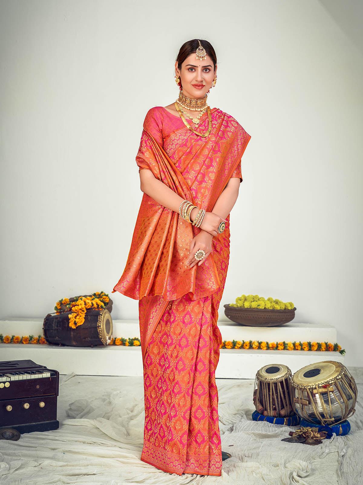 Women's Traditional Pink Banarasi Silk Saree - Odette