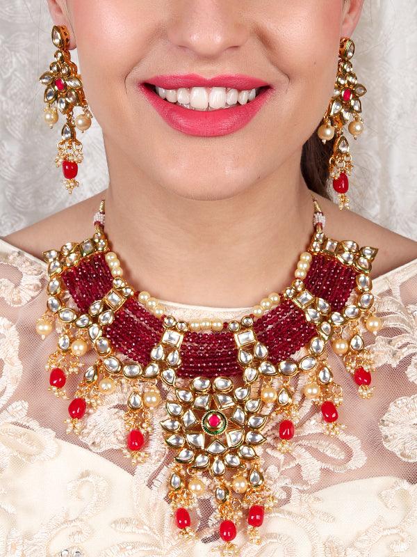 Women's Traditional Polki Wine & Pink Crystal Stones Kundan Choker With Earrings - Odette