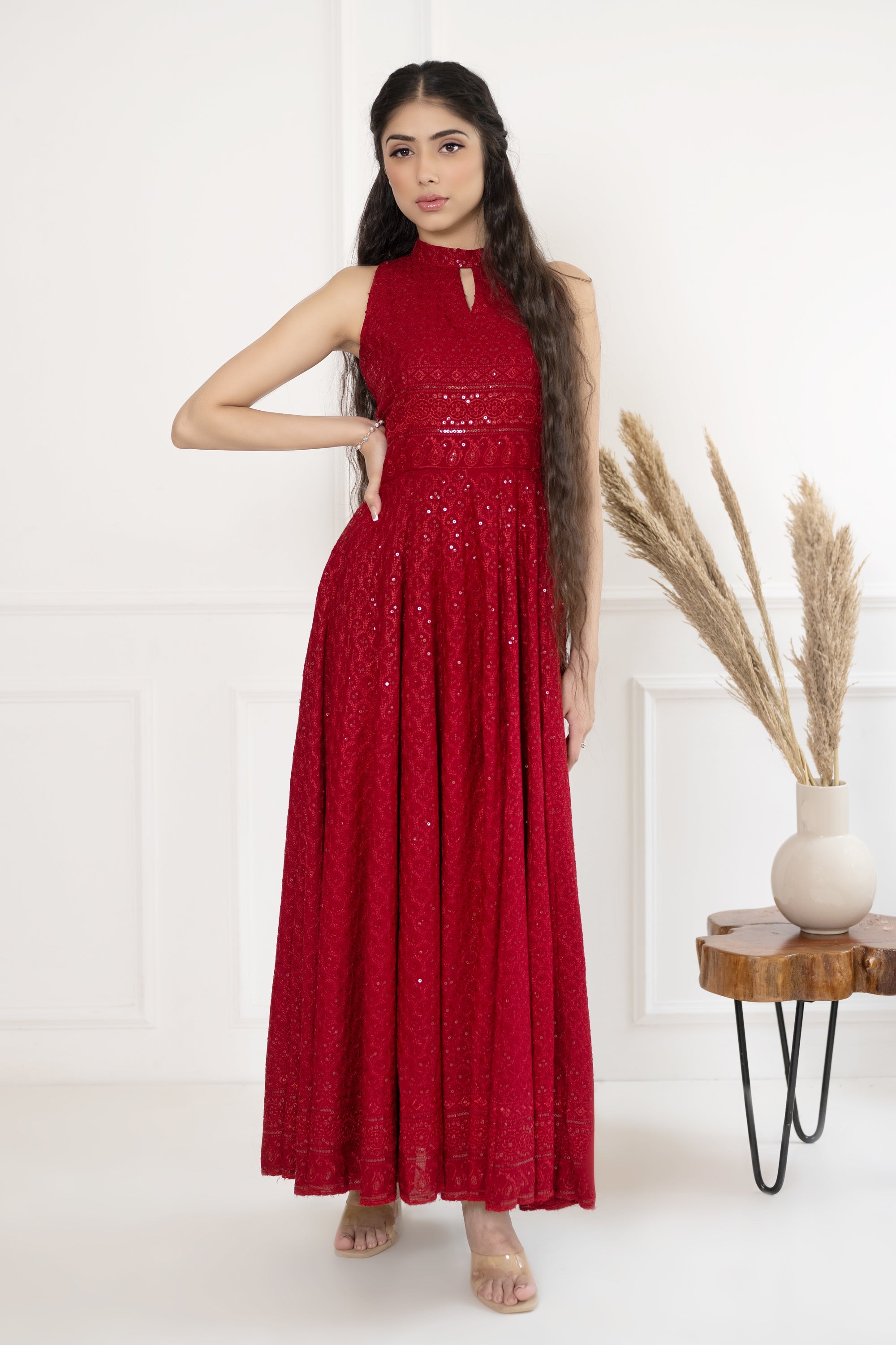 Women's Red Embroidered Dress - Saras The Label