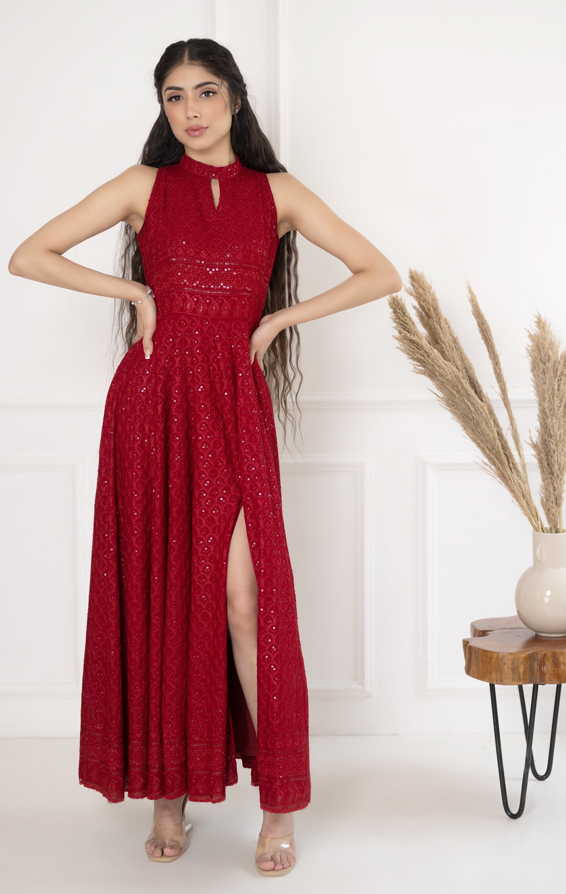 Women's Red Embroidered Dress - Saras The Label