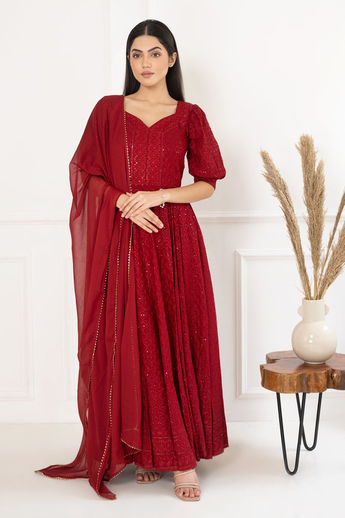 Women's Red Sequin Embroidered Dress With Dupatta