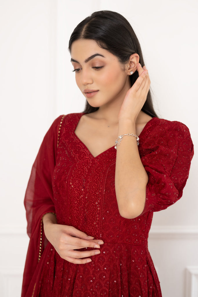 Women's Red Sequin Embroidered Dress With Dupatta