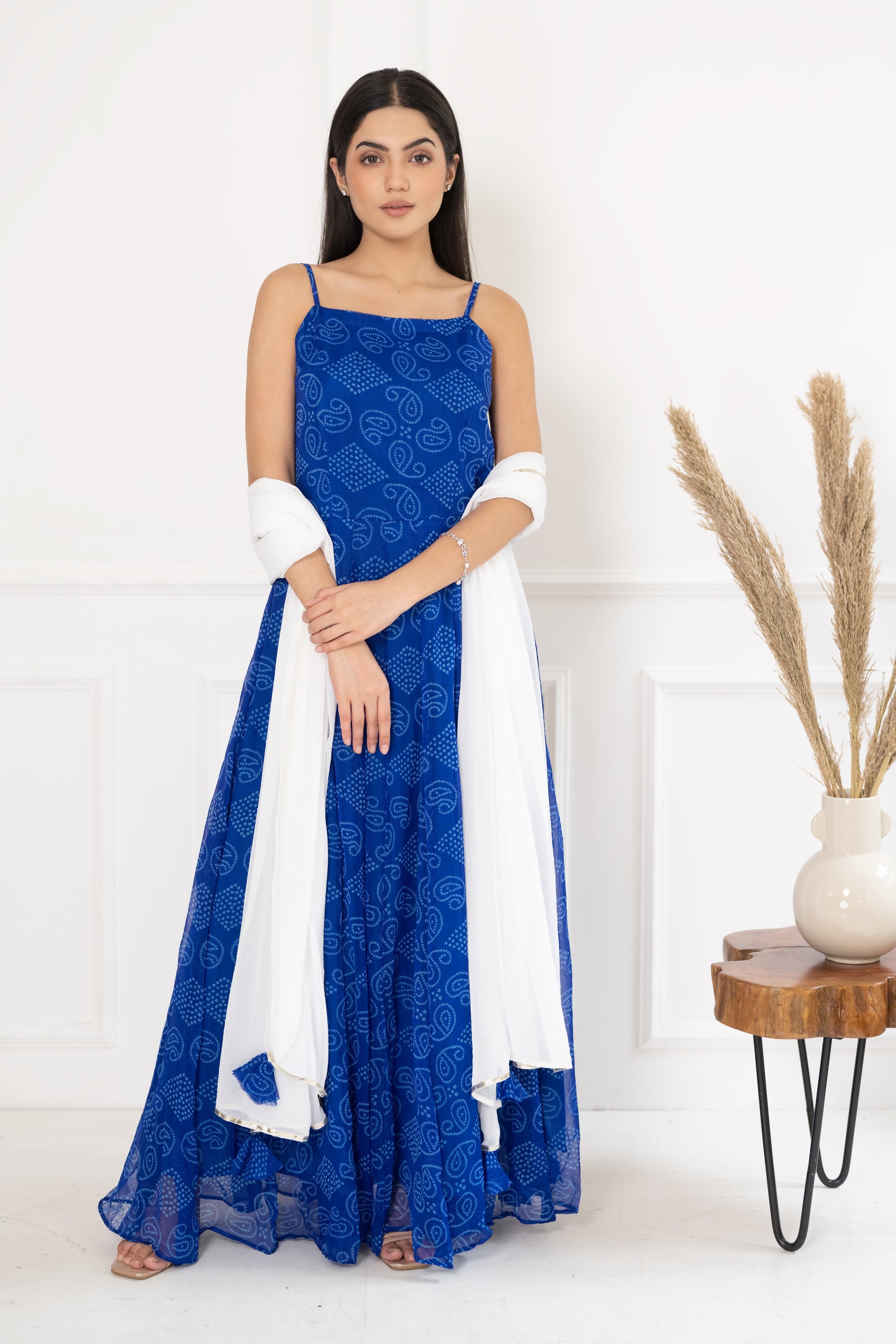Women's Blue Bandhej Gown With Dupatta - Saras The Label