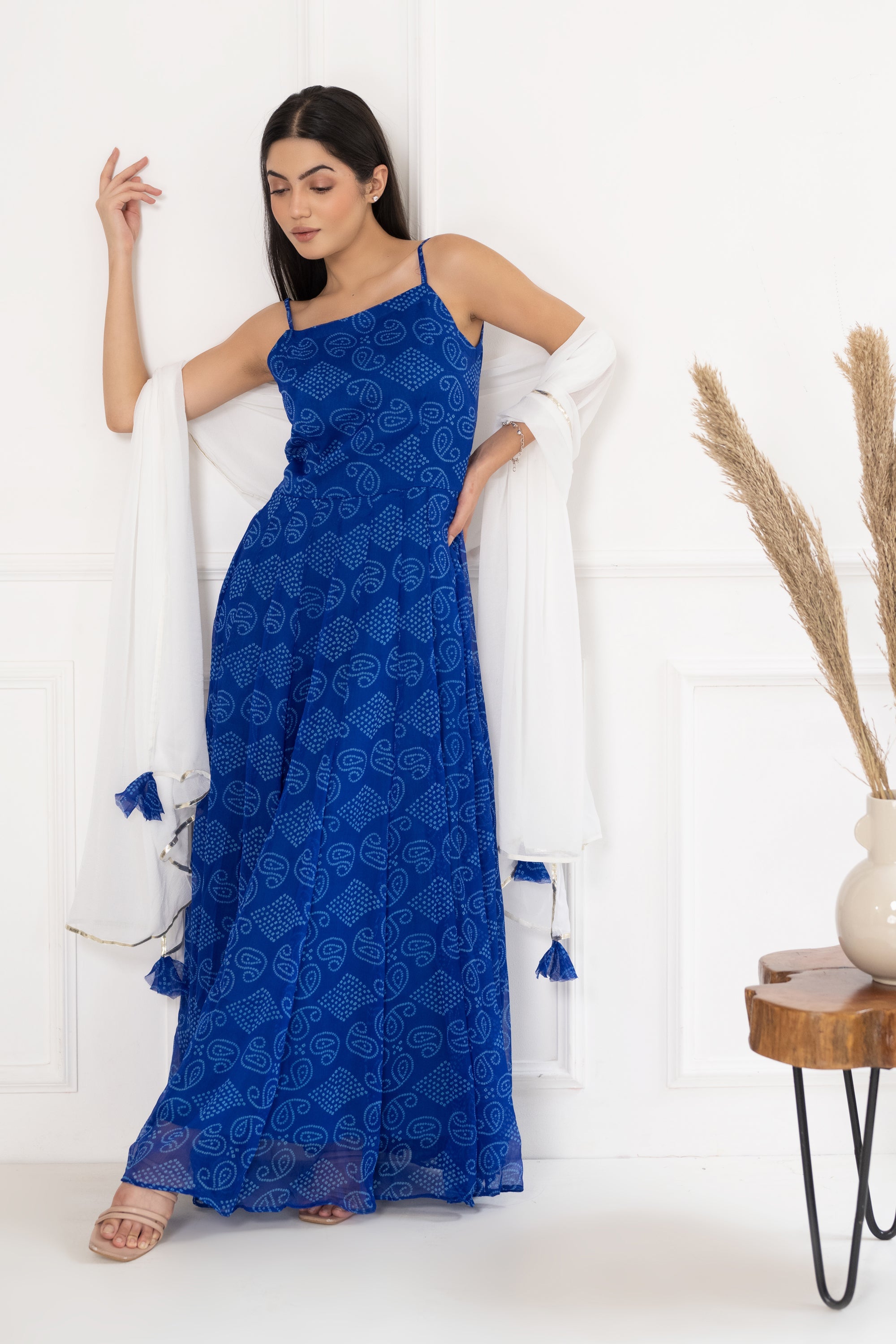 Women's Blue Bandhej Gown With Dupatta - Saras The Label